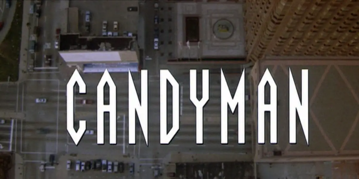 Candyman title screen, white text over an aerial shot of Chicago.