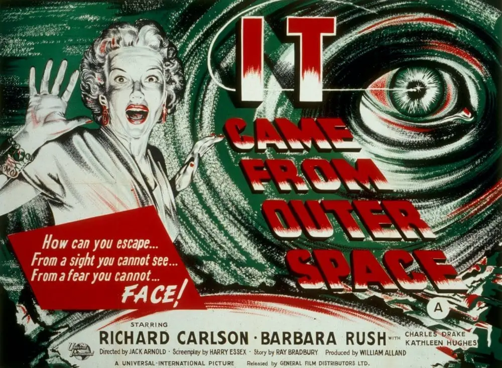 Movie poster for It Came From Outer Space with eye in the shape of a UFO and a screaming white woman.