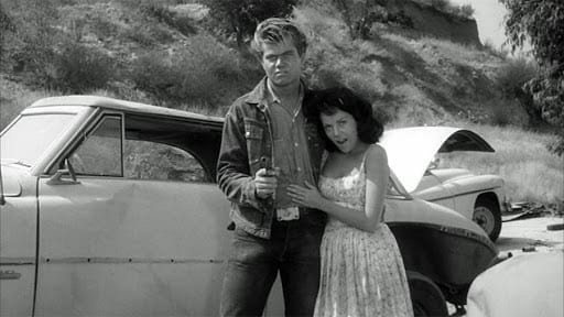 The titular sadist, clad in denim, gun in hand and his dark-haired girlfriend, wearing a white dress, stand next to each other amongst broken down cars.