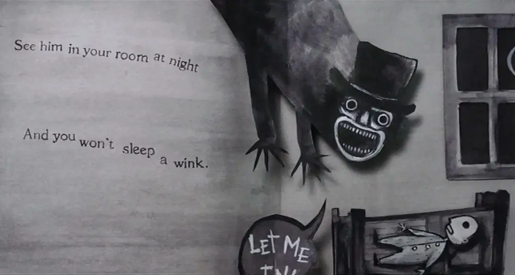 A picture from a dark childrens book, The Babadook is hovering above a child sleeping in its bed