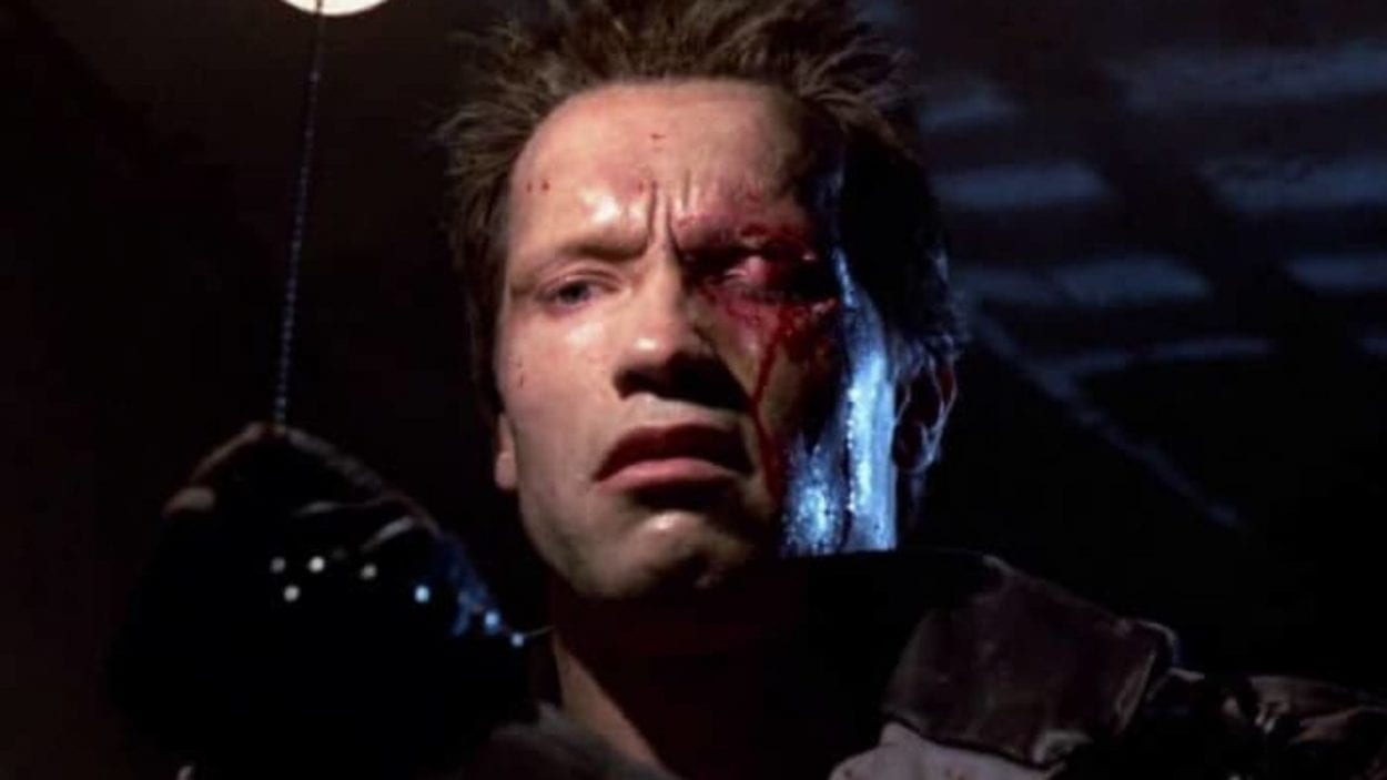 The terminator looks perturbed with a bloody and swollen eye.