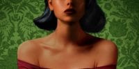 Cropped image of book cover for Mexican Gothic depicting portrait of young woman visible from her nose down with green patterned background.