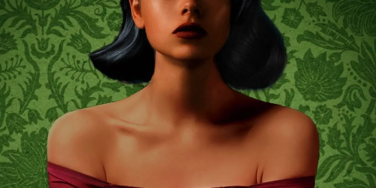 Cropped image of book cover for Mexican Gothic depicting portrait of young woman visible from her nose down with green patterned background.