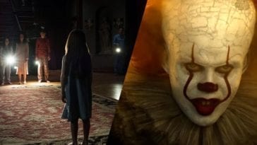 Split Image: The Crain Family stand in their entrance hall with flashlights, and Pennywise the Clown looks menacing