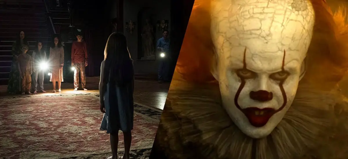 Split Image: The Crain Family stand in their entrance hall with flashlights, and Pennywise the Clown looks menacing