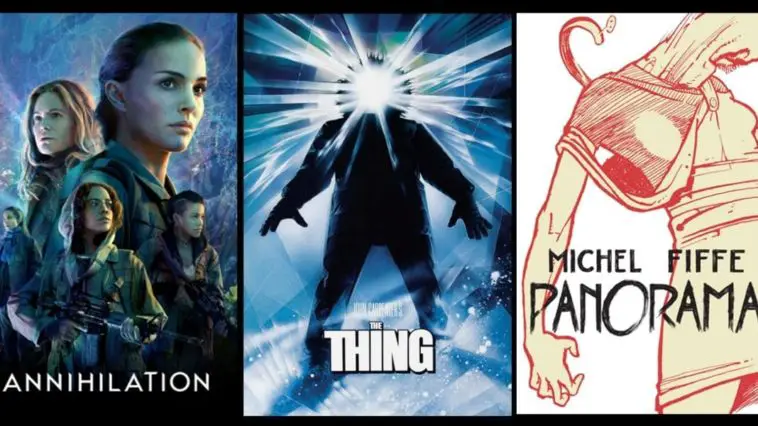 A spread of covers featuring Annihilation, The Thing, and Panorama