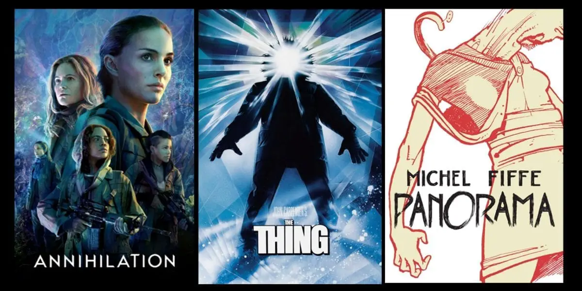 A spread of covers featuring Annihilation, The Thing, and Panorama