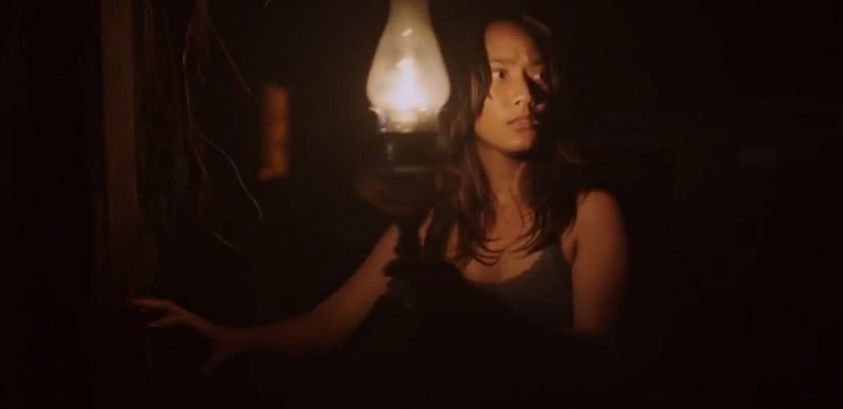 Maya looks outward nervously while holding a lantern and darkness surrounds her.