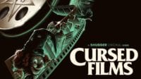 Cursed Films promotional poster featuring a green film strip containing images of a clown doll, an angel statue, a cross headstone, and a dove.