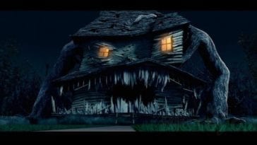 Monster House with teeth and the windows acting as eyes, with arms on either side as it chases the kids in Monster House