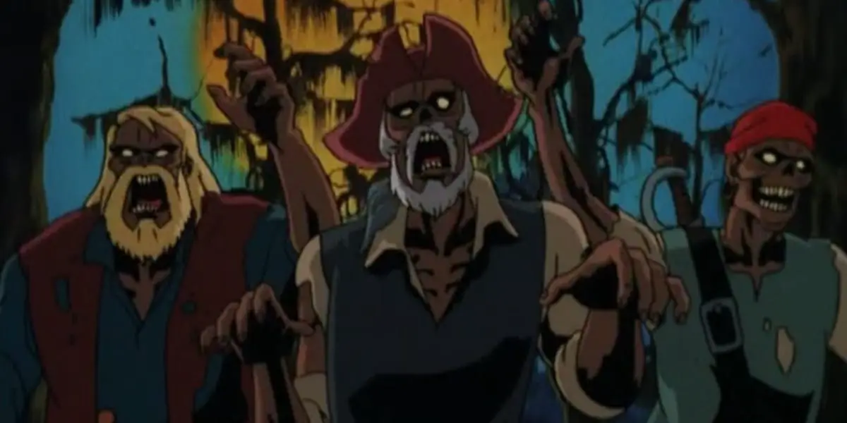 Zombies from Scooby Doo on Zombie Island with their mouths open and arms raised with trees and the moon in the background