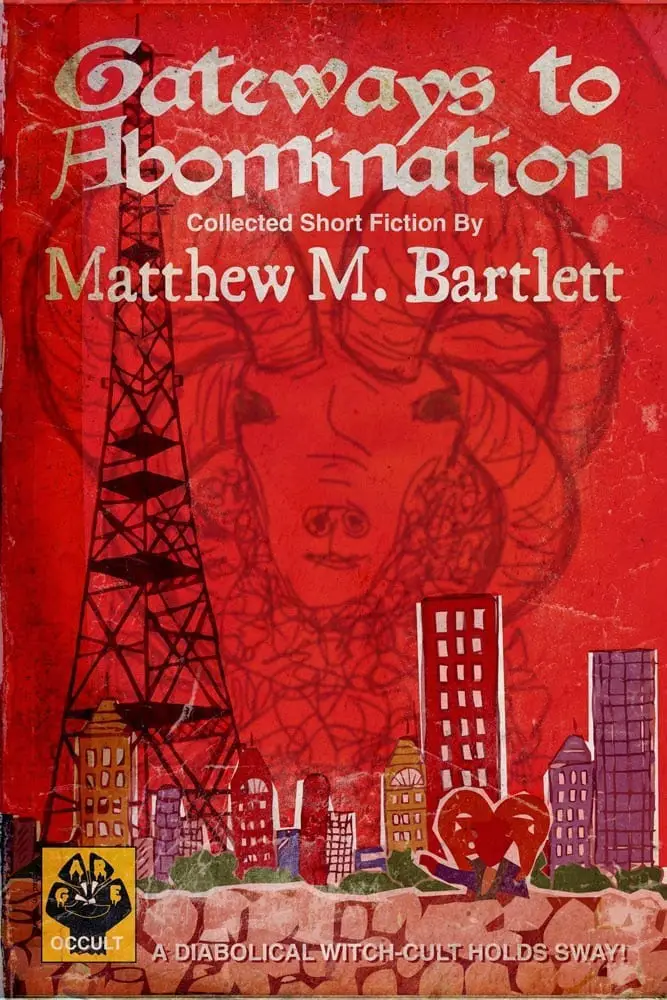 cover for the book gateways to abomination - a red cover with the faint image of a rams head in the sky over a city scape with a radio tower