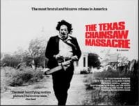 Poster for The Texas Chainsaw Massacre. Leatherface runs with his chainsaw in his hands.