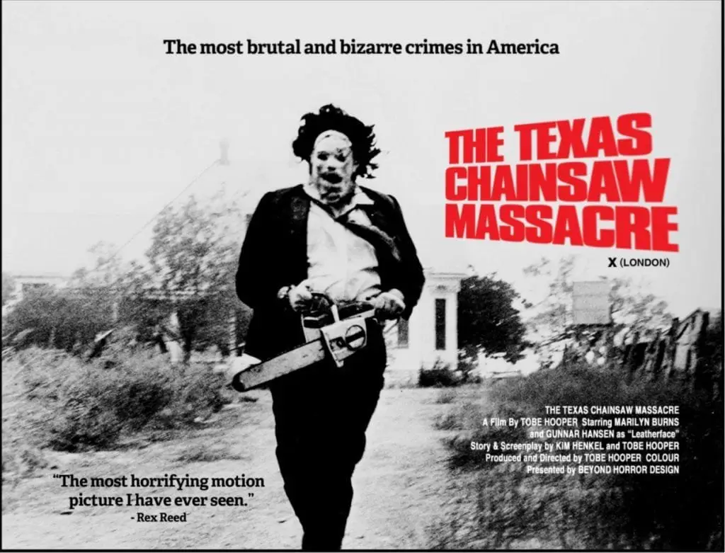 Poster for The Texas Chainsaw Massacre. Leatherface runs with his chainsaw in his hands.