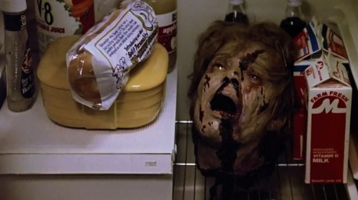 The bloody head of Mrs. Voorhees, eyes open, mouth agape, sitting in Alice's refrigerator, right next to the milk.