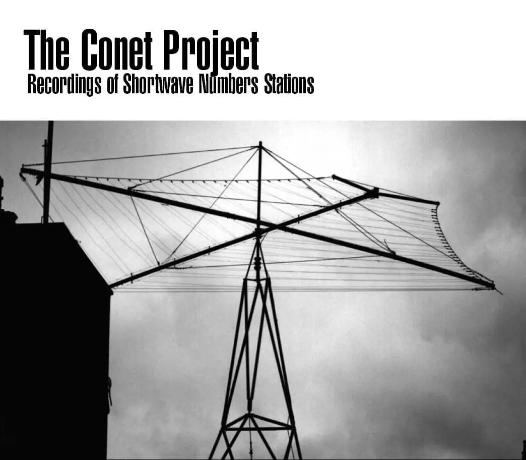 cover for the conet project numbers stations recordings showing an antenna array against a cloudy sky