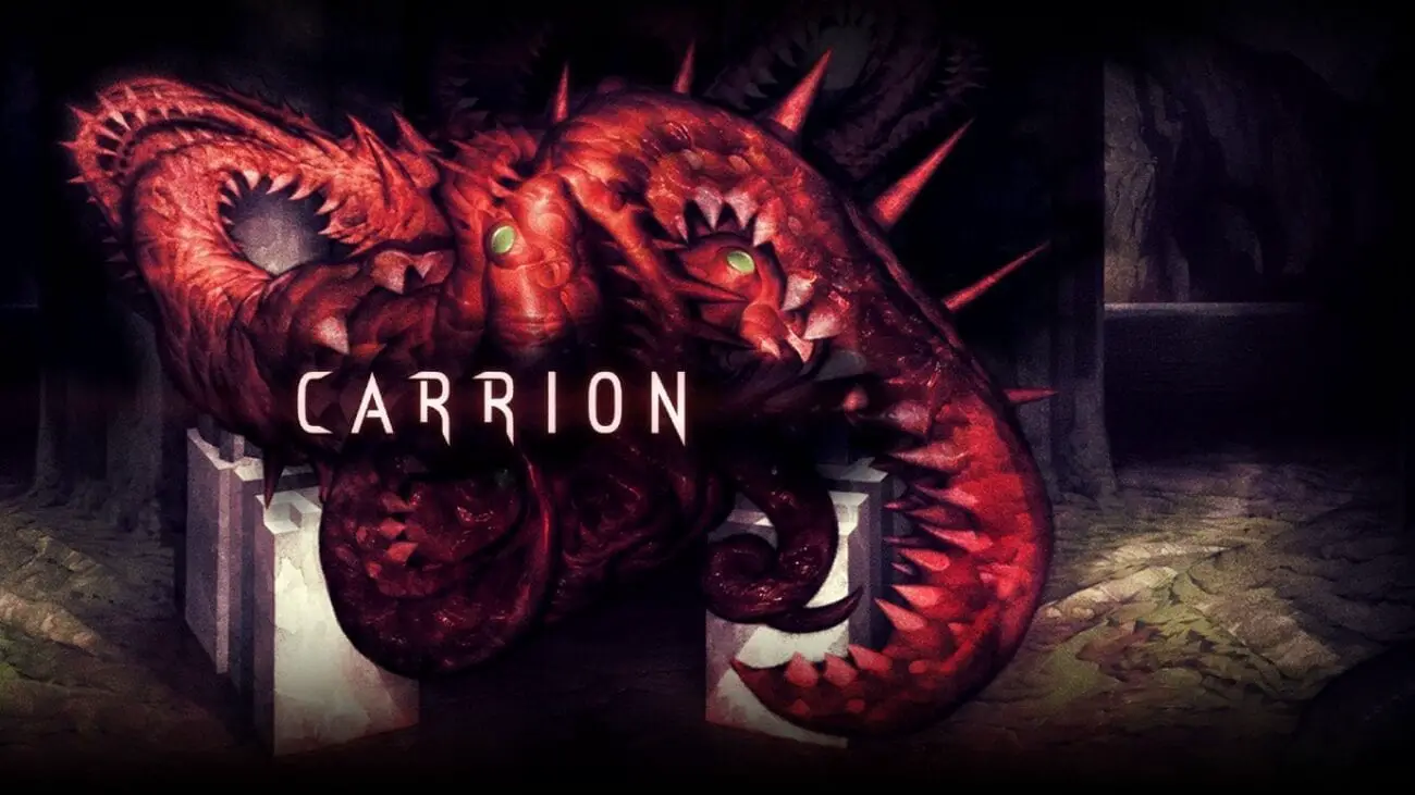 Title screen for Carrion depicting the titular creature