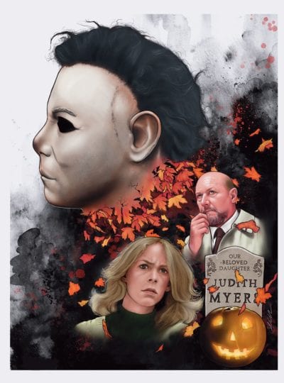 A page from the Halloween Artbook featuring Michael Myers, Laurie and Dr. Loomis
