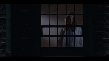 Jamie Lee Curtis looks out her window in the night while standing inside.
