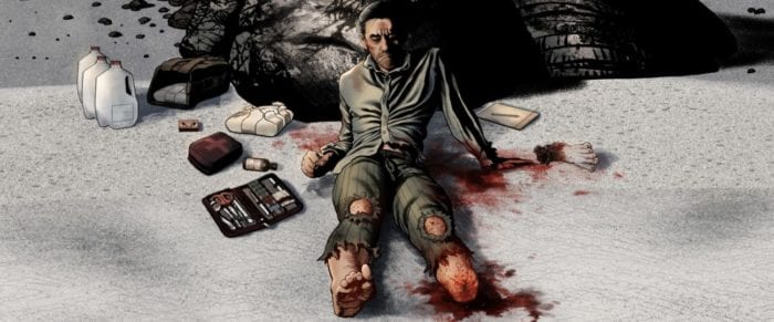 Pinzetti sits on with his back against a rock after amputating his infected foot, surrounded by a water jug, a bag of heroin, and his medical tools on his right and his lost limb on his left.