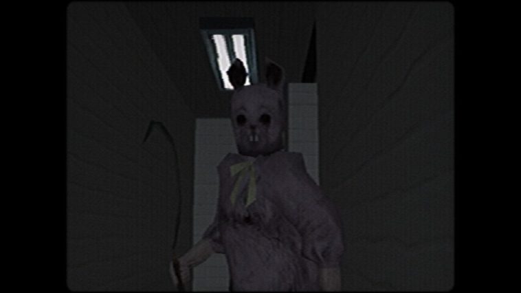The Easter Ripper looks down a hallway holding a sickle.