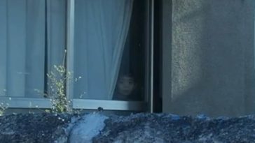 A creepy face stares out a window