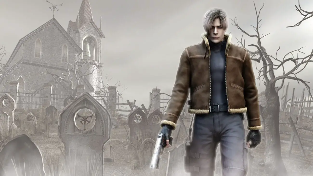 Leon walks, gun in hand, through a graveyard