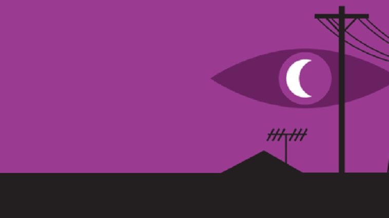 Logo for Welcome to Night Vale. An eye floats in the sky with a crescent moon as its pupil. Silhouetted below is a mountain or pyramind, power lines, an antenna, and a water tower. The logo is a deep magenta.