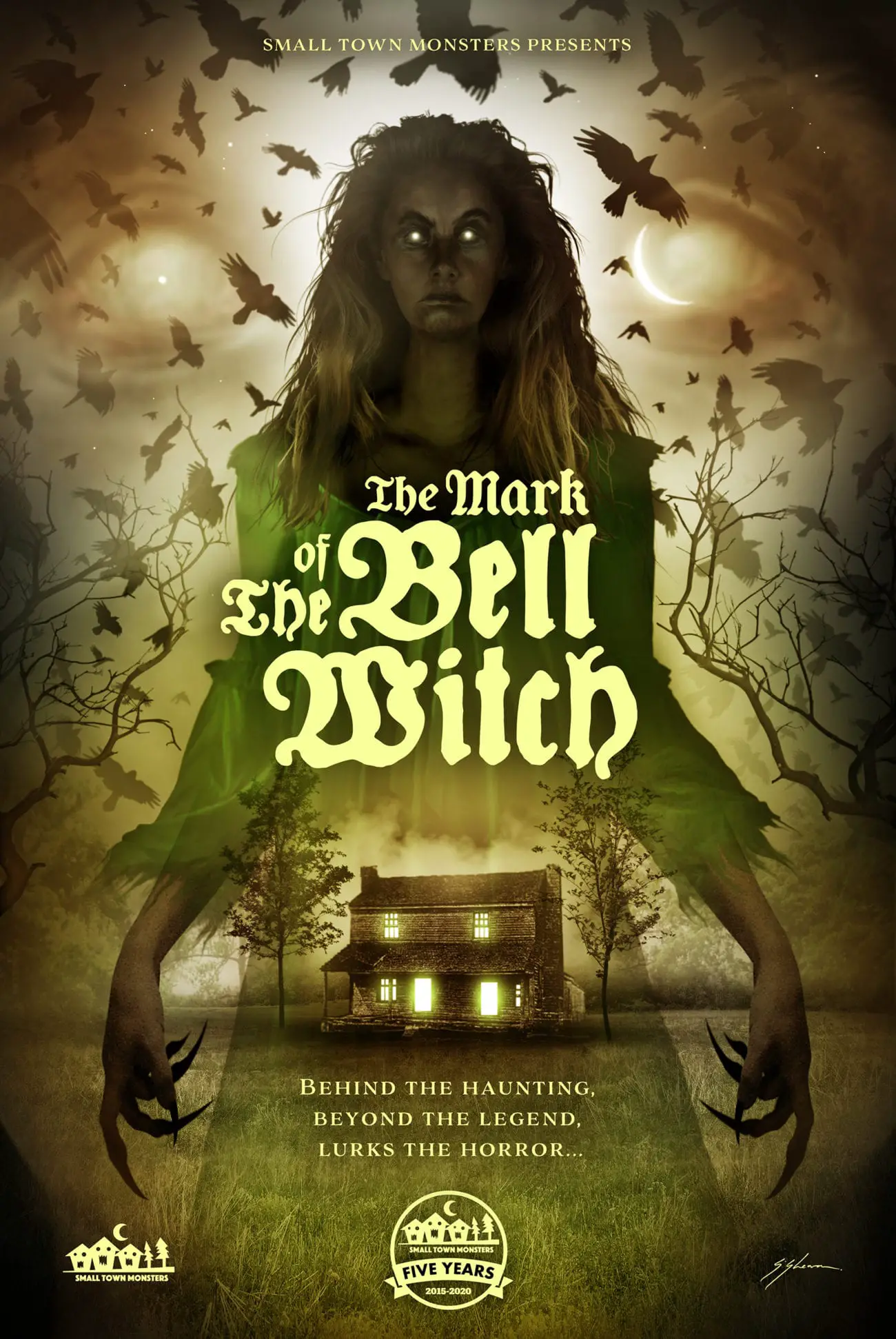 Poster for the film showing the witch, the and a house in the background and many crows flying in the sky