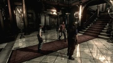 Jill, Barry, and Albert Wesker stand in the Spencer Mansion's entrance