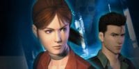 Cover art for Code: Veronica shows Claire and Chris Redfield with Wesker lurking in the background