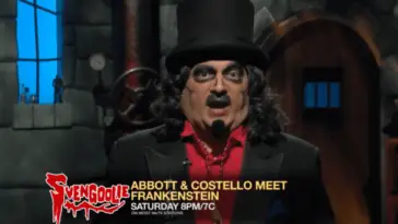 Svengoolie (Rich Koz) stands in his dungeon in a commercial for his showing of "Abbott and Costello Meet Frankenstein" (1948) on MeTV.
