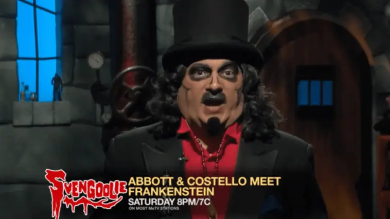 Svengoolie (Rich Koz) stands in his dungeon in a commercial for his showing of "Abbott and Costello Meet Frankenstein" (1948) on MeTV.