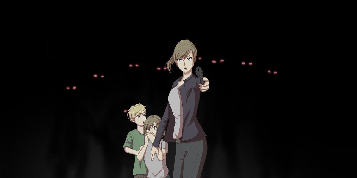 Art for Cover Your Eyes shows Chloe wielding a gun against eyes in the darkness while her children look on in fear