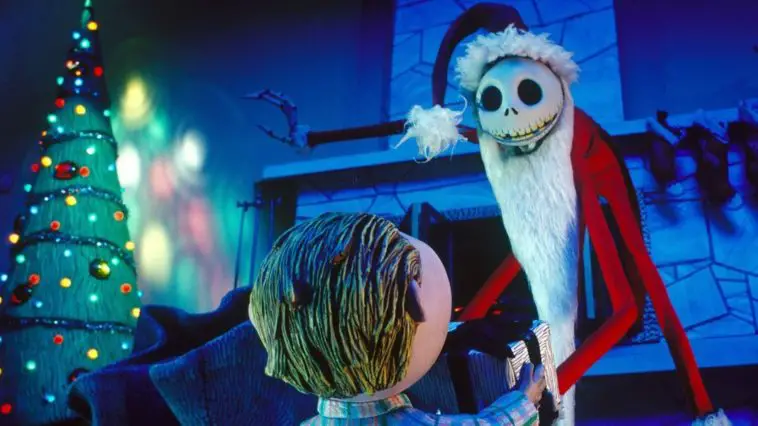 Jack Skellington dressed as Santa giving a boy a present