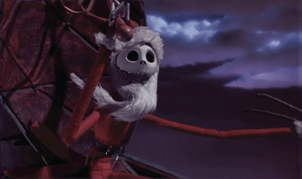 Jack Skellington dressed as Santa on his sleigh