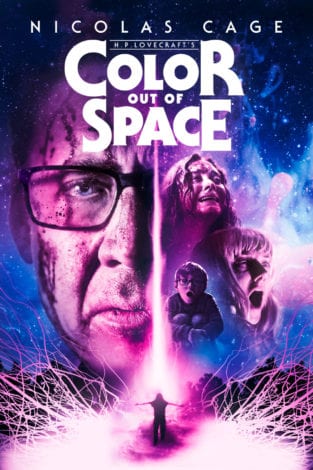 Movie poster for Color Out of Space depicting close-ups of family's anguished faces over silhouette of figure beneath a beam of light.