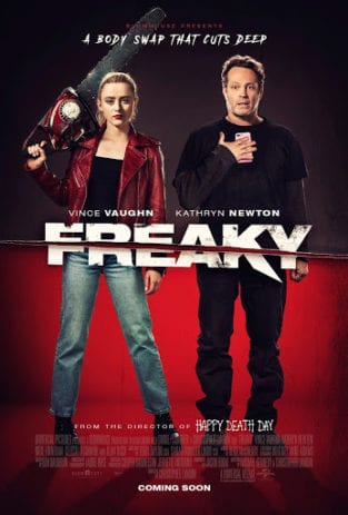 Movie poster for Freaky depicting teenage girl holding chainsaw next to man holding phone.