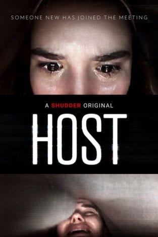 Movie poster for Host depicting two closeups of terrified woman's face.
