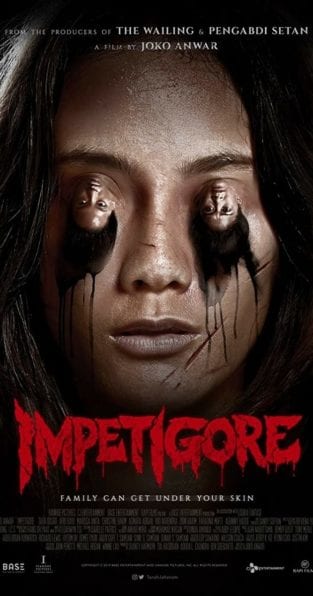 Movie poster for Impetigore depicting close-up of woman's face with upside-down female heads over her eyes.