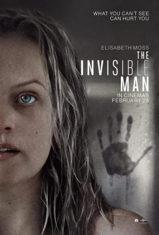 Movie poster for The Invisible Man depicting halved view of woman's face with handprint in condensation on mirror behind her.