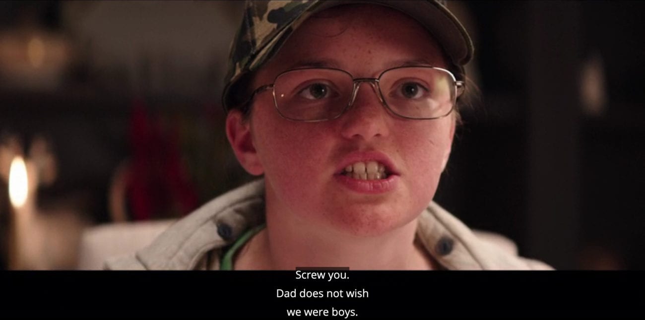 Stevie (Lolo Owen) says, "Screw you. Dad does not wish we were boys," in the film, "Krampus" (2015).