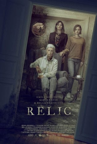 Movie poster for Relic depicting older woman in armchair and two younger women behind her.