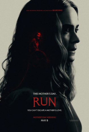 Movie Poster for Run depicting screaming girl in wheelchair cast in red light overlaid on woman's profile.