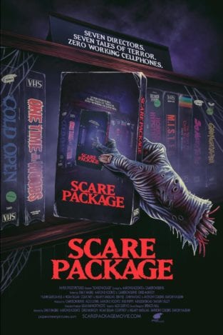 Movie poster for Scare Package, depicting dismembered zombie hand pulling VHS from shelf.