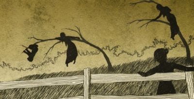 Artistic depiction of four silhouetted figures, one leaning on a fence and three climbing on trees to the point that they bend over.