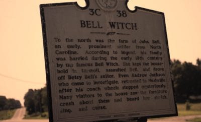 Historical marker for the Bell Witch which summarizes the legend.