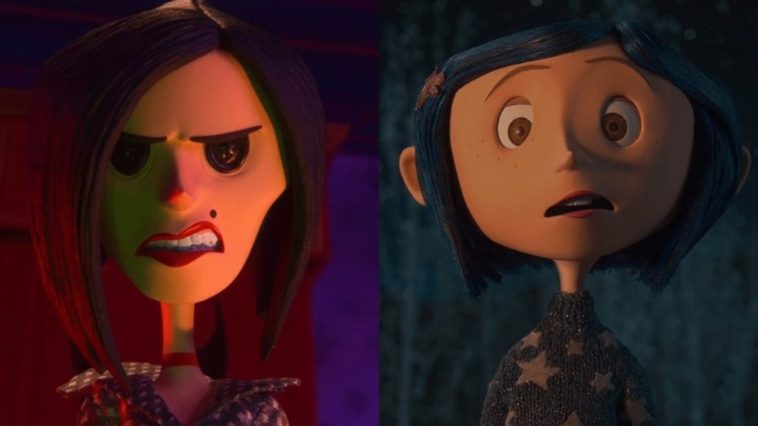 Animated depictions of a woman with buttons for eyes looking menacing and a young girl with blue hair looking suprised.