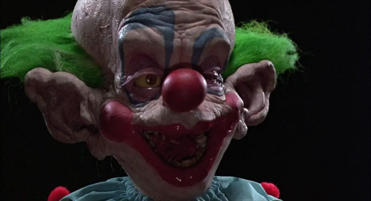 Shorty the Clown gapes in surprised in the film, "Killer Klowns from Outer Space" (1988).