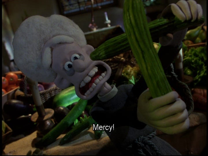 Reverend Clement Hedges (Nicholas Smith) holds up two cucumbers in a cross shape and cries, "Mercy!", in the film, "Wallace & Gromit: The Curse of the Were-Rabbit" (2005).